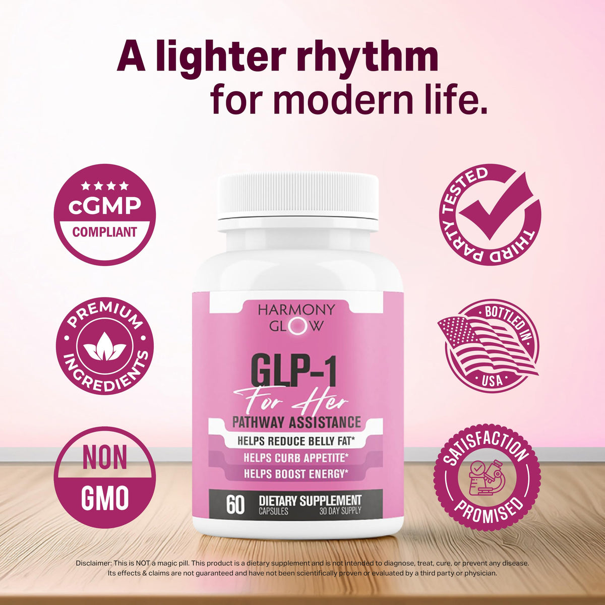 Harmony Glow GLP-1 | Promotes Weight Loss for Women, Helps Appetite Control & Promotes Energy - Assists Metabolic Pathways Linked to GLP-1 Signaling & Fat Loss - 3rd Party Tested Supplement - 60 Pills