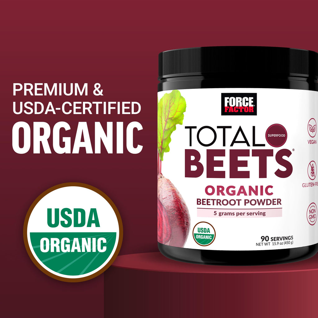 Force Factor Total Beets Organic Beet Root Powder Superfood, Non-GMO | Boost Daily Nutrition, USDA Organic, Vegan, Gluten-Free, and Beet Supplement, Unflavored, 90 Servings