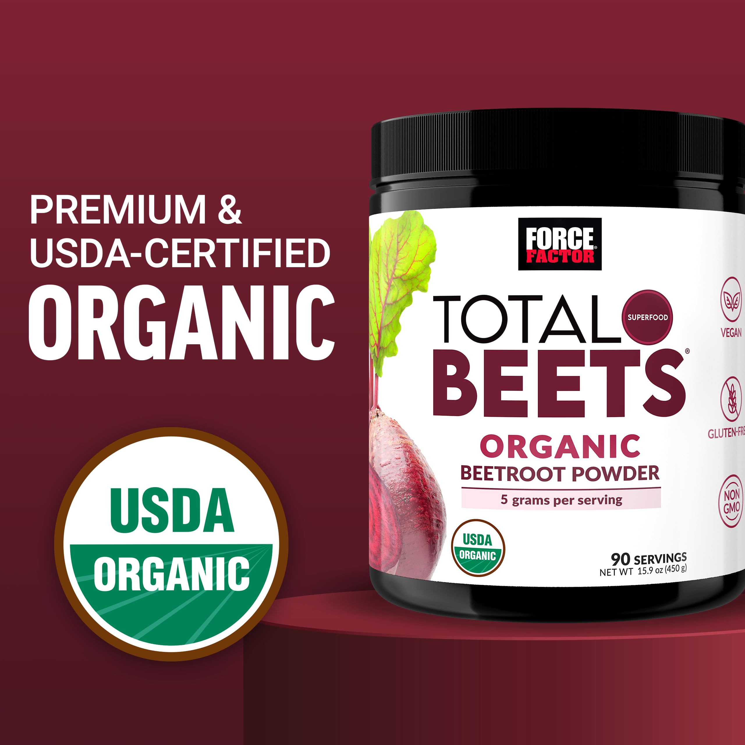 Force Factor Total Beets Organic Beet Root Powder Superfood, Non-GMO | Boost Daily Nutrition, USDA Organic, Vegan, Gluten-Free, and Beet Supplement, Unflavored, 90 Servings