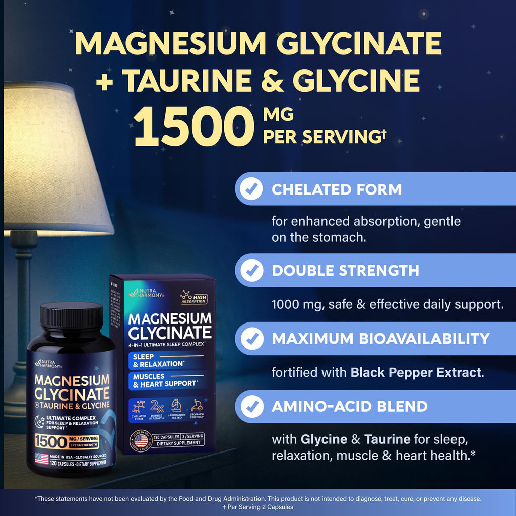 Magnesium Glycinate w/Glycine & Taurine - Magnesium for Sleep - 120 Caps | Sleep & Relaxation Complex - Extra Strength Magnesium Supplement 1500 mg for Women & Men - Chelated & High Absorption - Vegan