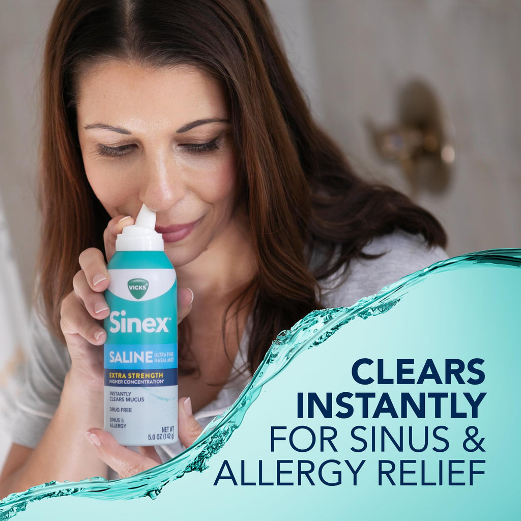 Buy now VICKS Sinex Saline Extra Strength Nasal Spray, 3X Concentrated* Drug Free Ultra Fine Mist, Instantly Clears Mucus, Ultra Concentrated to Clear Congestion Fast, Safe For Daily Use, 5 OZ x 2 at indiglob india