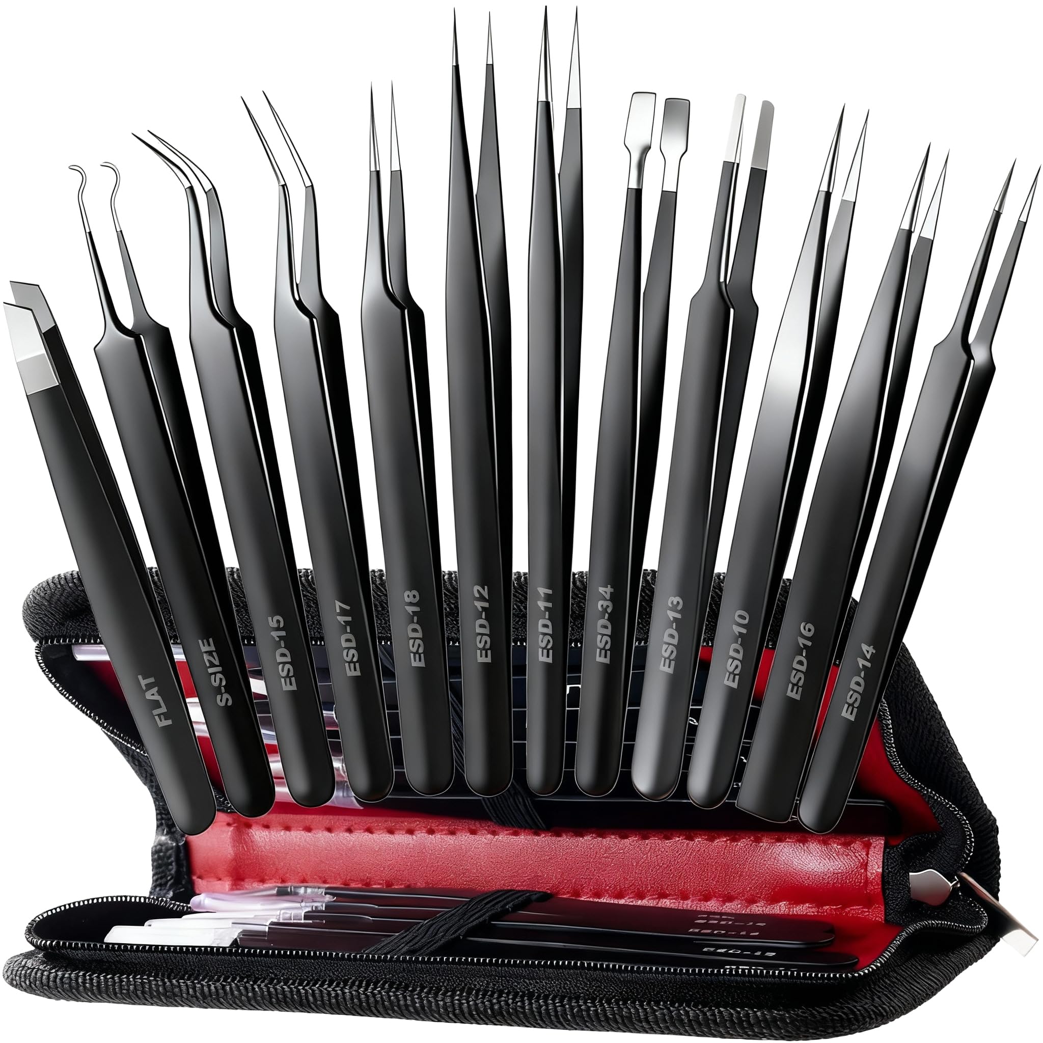 Antonki 12-in-1 Precision Metal Tweezers Set with Leather Case | High Quality, 1.5mm Thick, Strong Hardness, Rustproof, Anti-Static, Tips Cover, Complete Set, Portable Design
