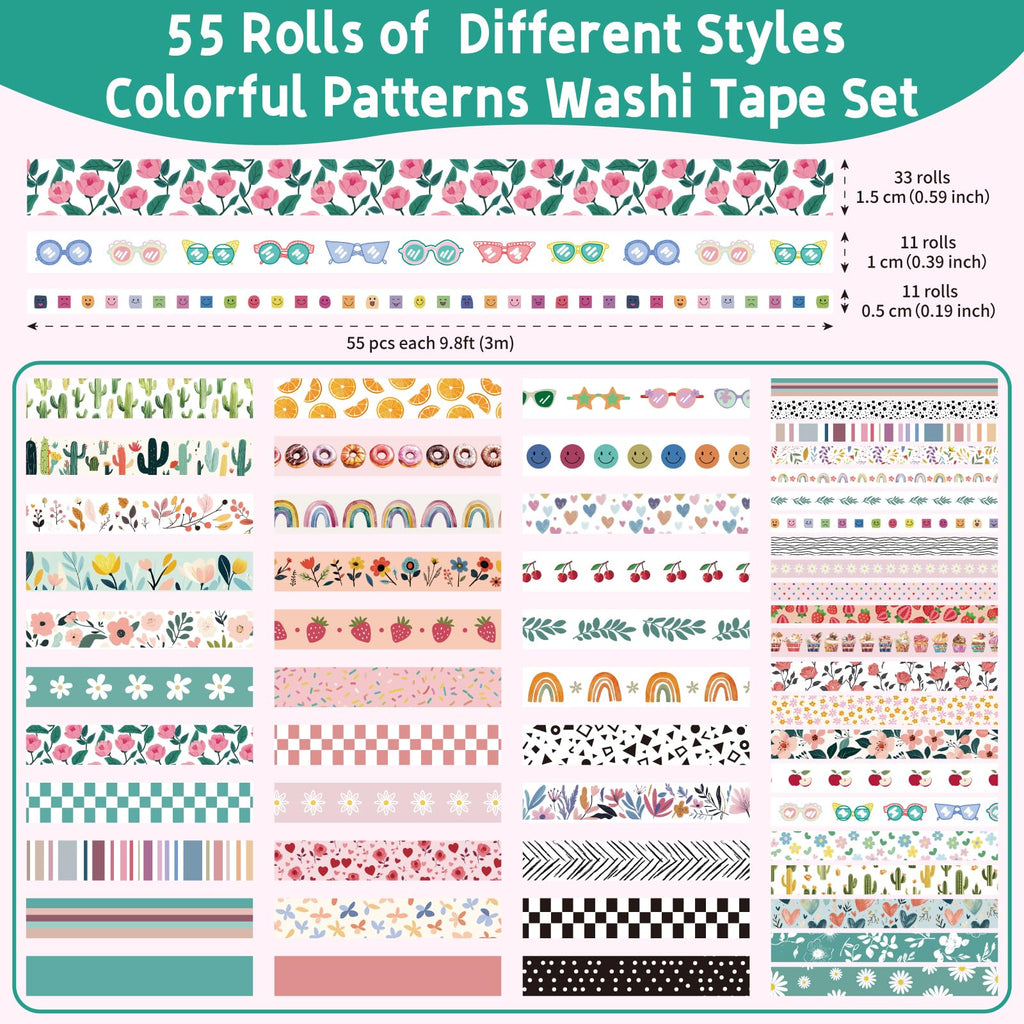 MOOKER 55 Rolls Holiday Washi Tape Set - Decorative Tape Seasonal Bohemian Colored Tape, Cute Washi Tapes for Journaling Supplies, Scrapbooking Supplies kit, Summer Scrapbook Supplies