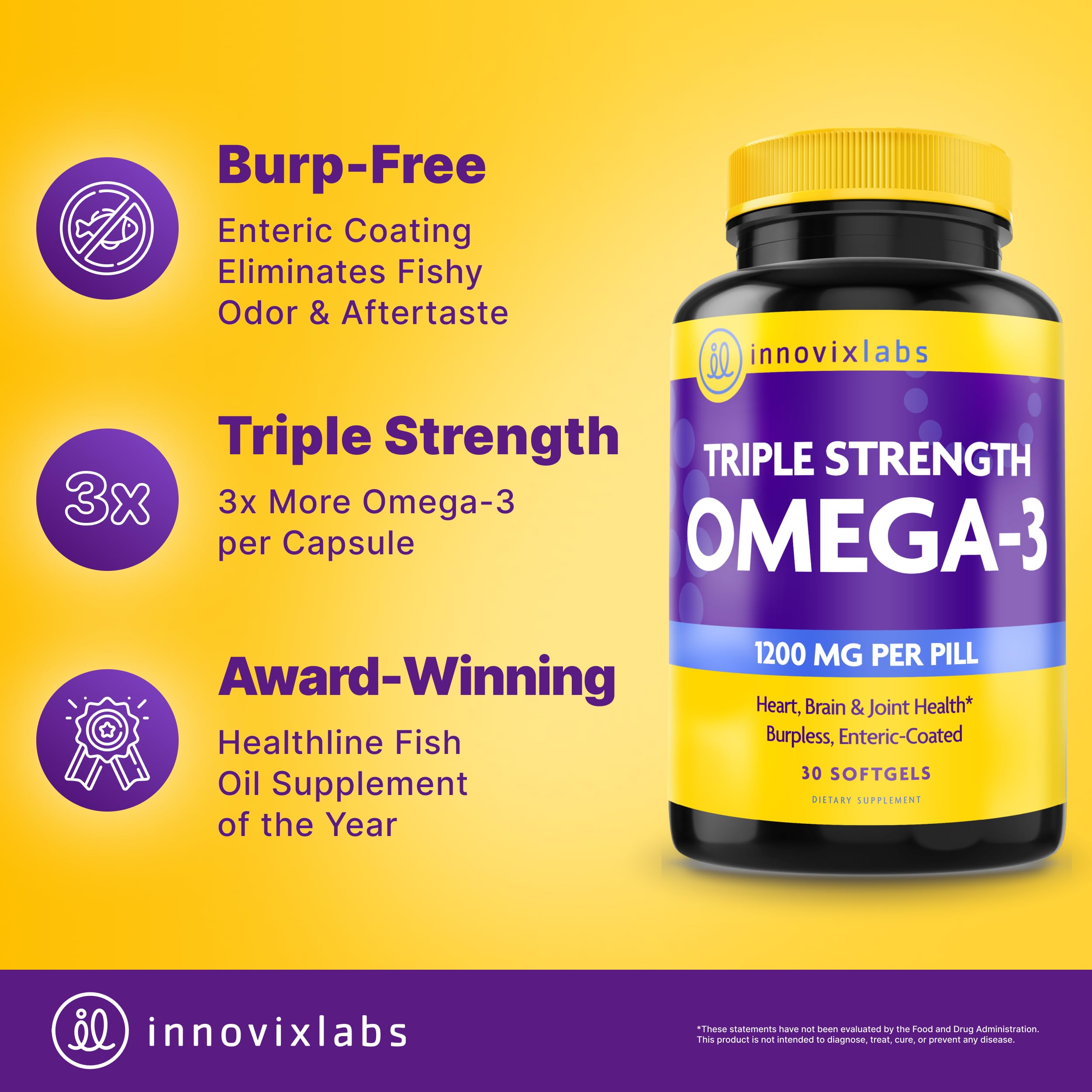 InnovixLabs Triple Strength Omega 3 Fish Oil 900 mg EPA DHA (30 Softgels) | Omega 3 Supplement for Women & Men, Burpless, Brain & Joint Support, Omega-3 Fatty Acid, No Fishy Aftertaste, 30-Day Supply