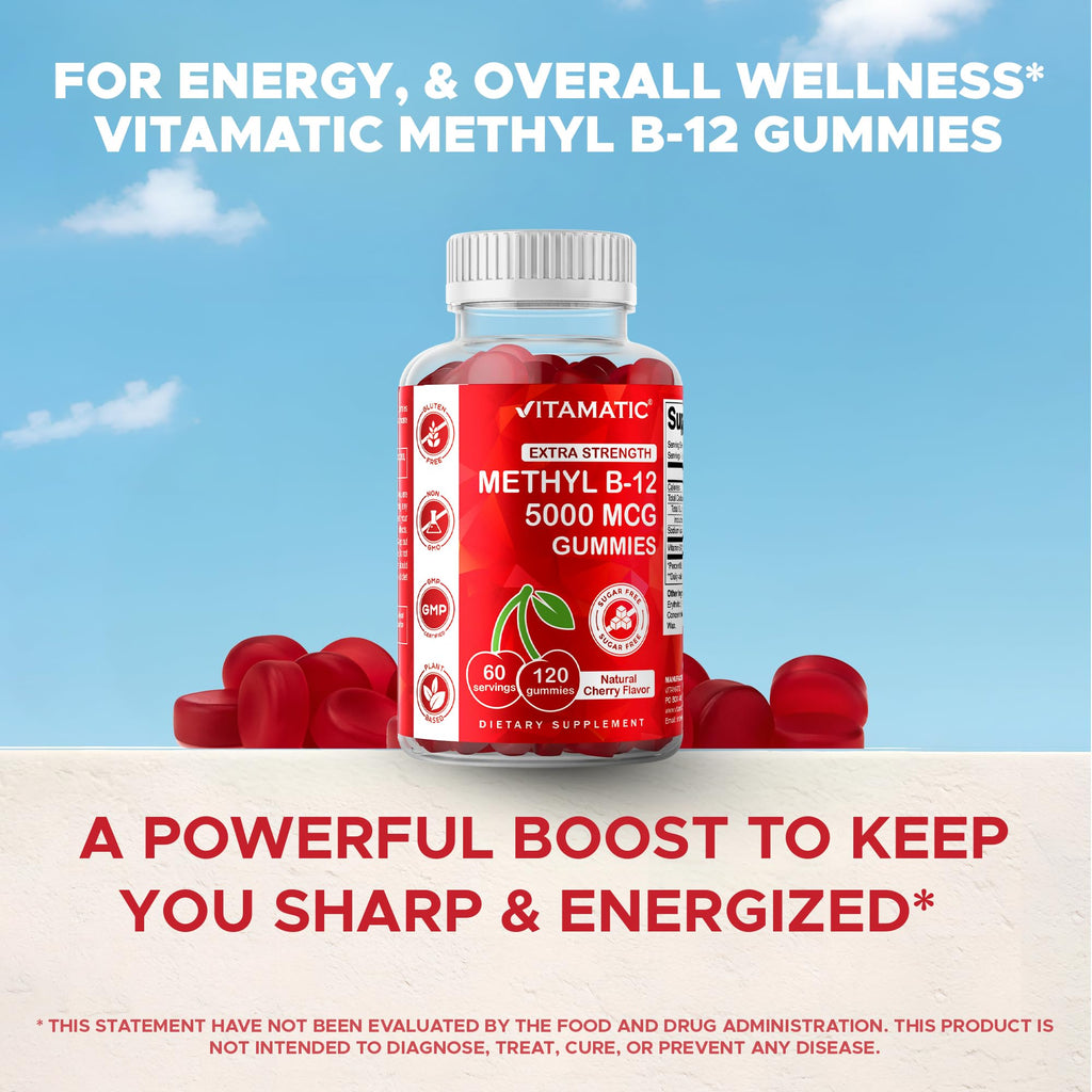 Vitamatic Methyl B12 5000 mcg, 120 Gummies, Natural Cherry Flavor | Extra Strength, Energy Metabolism Support and Nervous System Health Support*, Non-GMO, Gluten Free