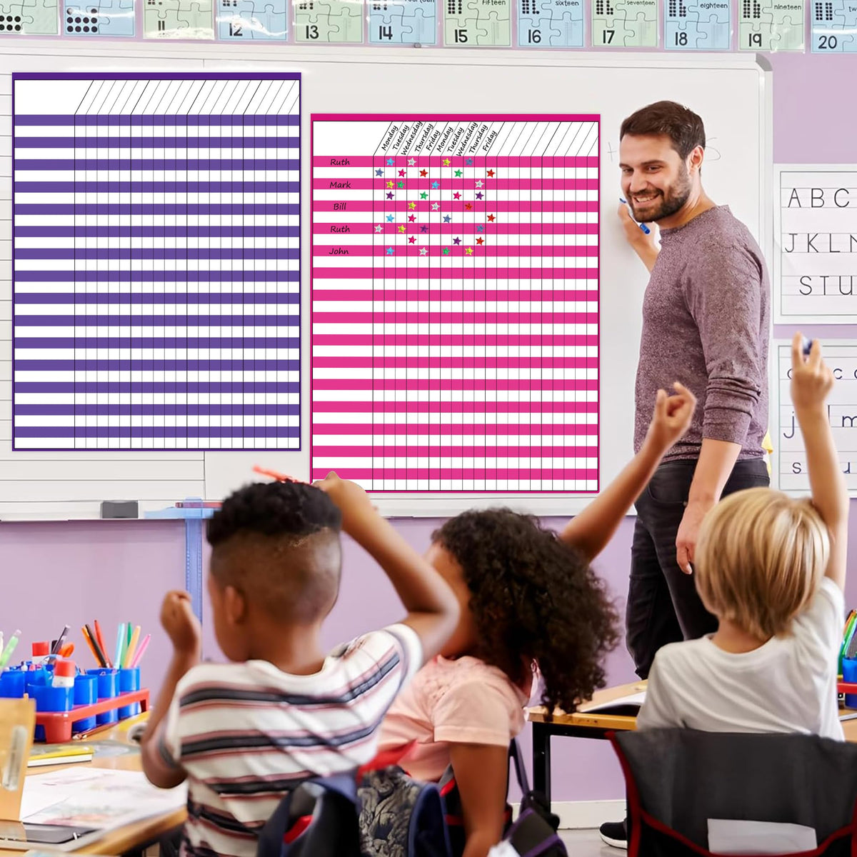 8 Pack Colorful Dry Erase Incentive Chart Multi-Color Classroom Laminated Dry Erase Reward Chore Charts with 1350 Reward Star Stickers for School Attendance Homework Progress Tracking, 13" x 17"