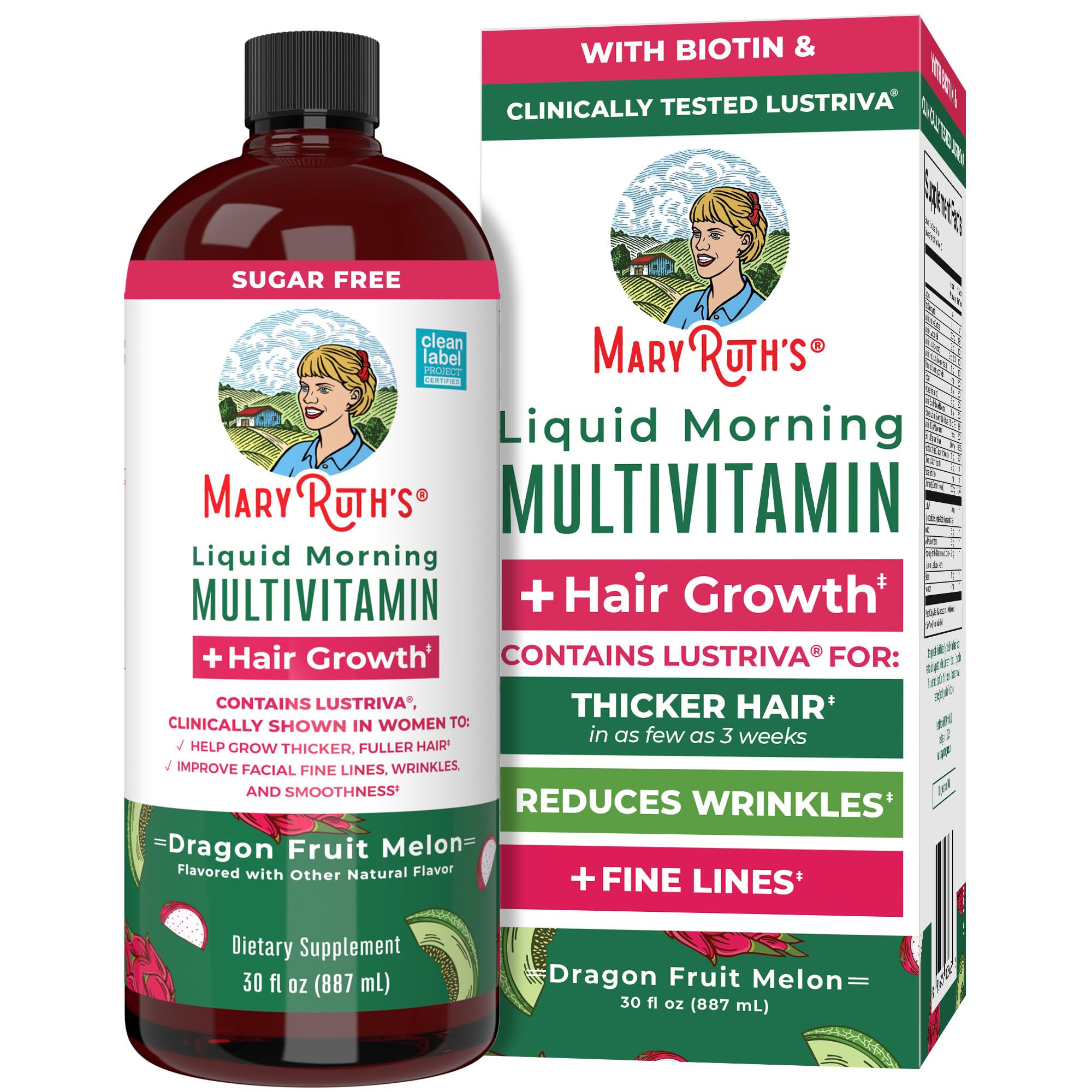 MARYRUTH'S Liquid Multivitamin + Hair Growth, Clinically Thicker Hair, 15oz | Clinically Tested in Women for Thicker Hair & Facial Wrinkles, Biotin 10000mcg, Lustriva Hair Growth Supplements, Skin Care