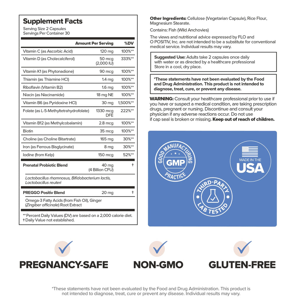 PREGGO Prenatal Vitamin + Probiotic with Folate & Choline – 30-Day Supply