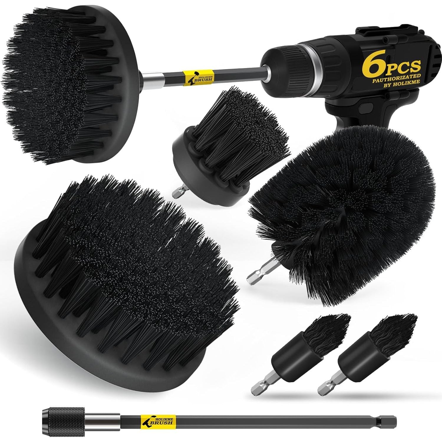 Buy now Holikme 6Pack Drill Brush Power Scrubber Cleaning Brush Extended Long Attachment Set All Purpose Drill Scrub Brushes Kit for Grout, Floor, Tub, Shower, Tile, Bathroom and Kitchen Surface，Yellow Black at indiglob india