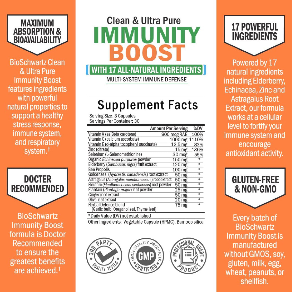 Immune Support Supplement for Adults with Vitamin C and Zinc, 90 Capsules
