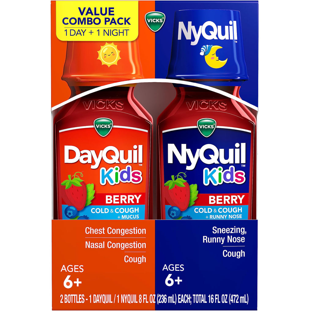 Buy now VICKS Kids DayQuil & NyQuil Berry Cold & Cough Medicine Co-Pack, Daytime & Nighttime Relief of Multiple Symptoms, Great-Tasting Berry Flavor, Free of Alcohol & Acetaminophen, for Ages 6+, 2x8oz at indiglob india