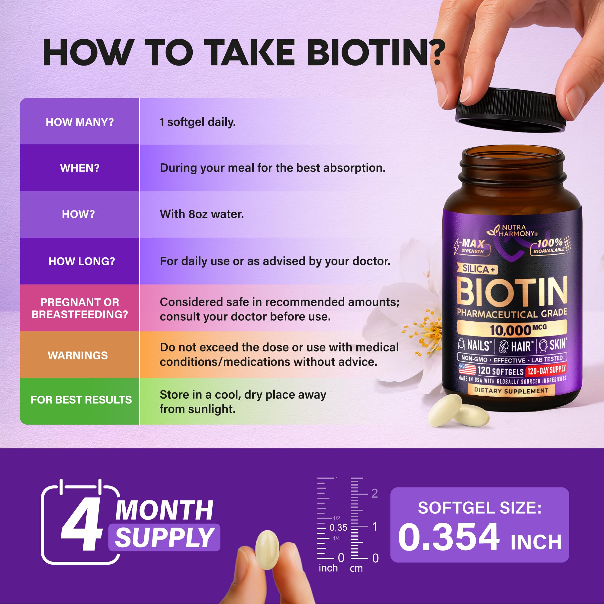 Biotin 10000mcg + Silicon - Pharmaceutical Grade Biotin - 120 Softgels | Biotin Supplement for Hair Growth Support, Skin & Nails for Women - Max Strength & 100% Bioavailability - 120-Day Supply