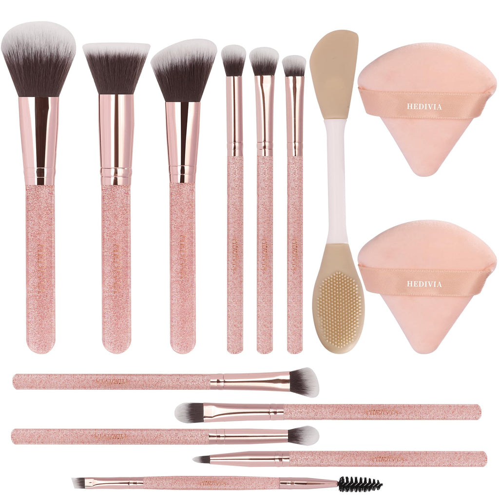 Black Makeup Brushes Set 14 Pcs Professional, Premium Synthetic Foundation Makeup Brush Concealer Powder Blush Eyeshadow Brushes with 2 Powder Puff & Dual-ended Mask Applicator.Gifts for Girls
