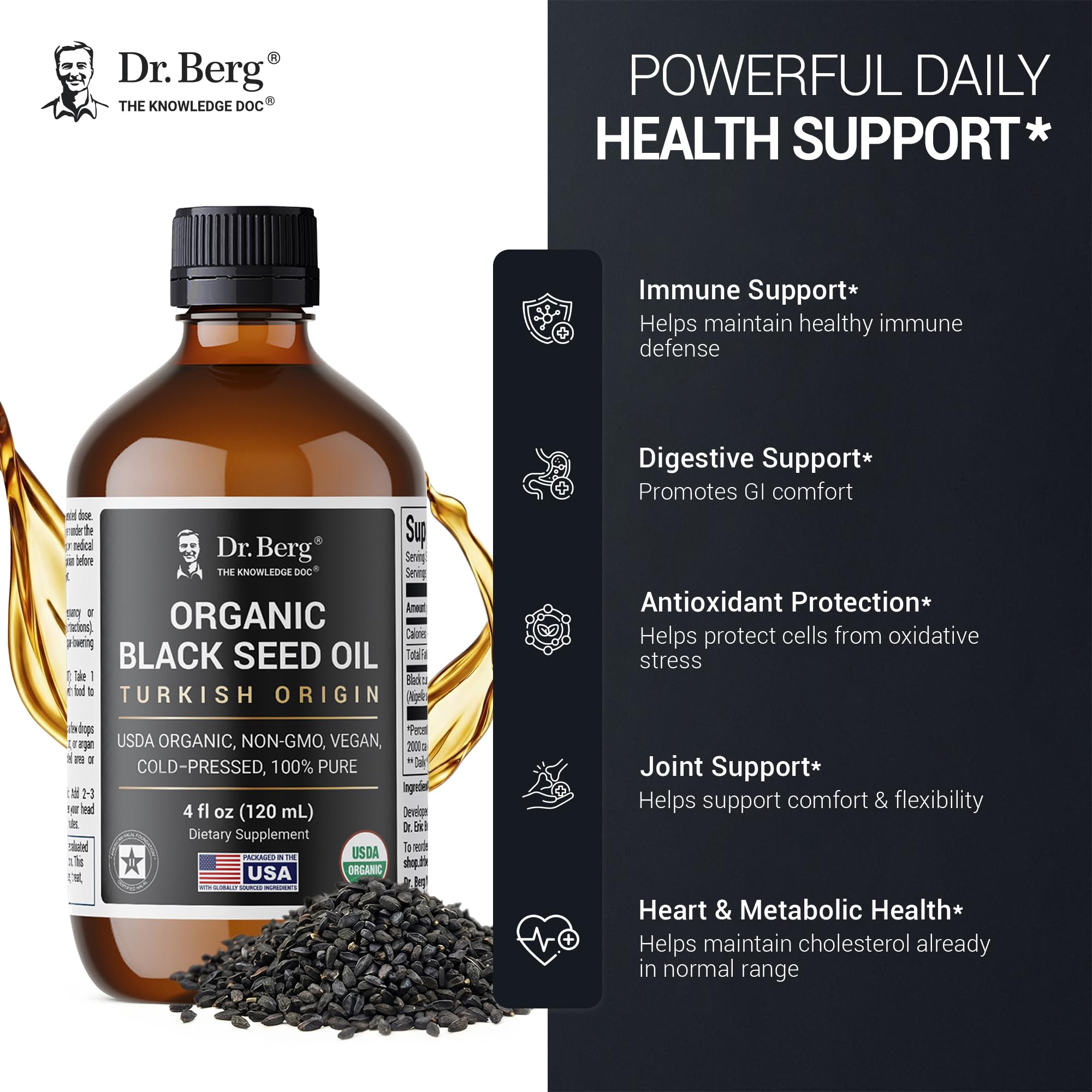 Dr. Berg Black Seed Oil Organic Cold Pressed – Pure Nigella Sativa Black Cumin Oil – USDA Organic, Halal, Vegan – for Hair, Skin, Immune Support – Unrefined Liquid – 4 oz Glass Bottle