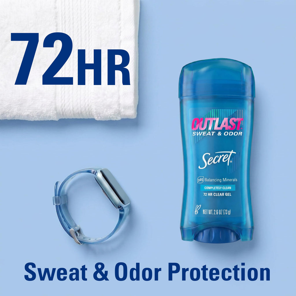 Secret Outlast Antiperspirant Deodorant for Women, 72hr Sweat & Odor Protection, PH Balancing Minerals, Pro-Hyaluronic Acid, Clear Gel, Completely Clean Scent, 2.6 oz (Pack of 2)