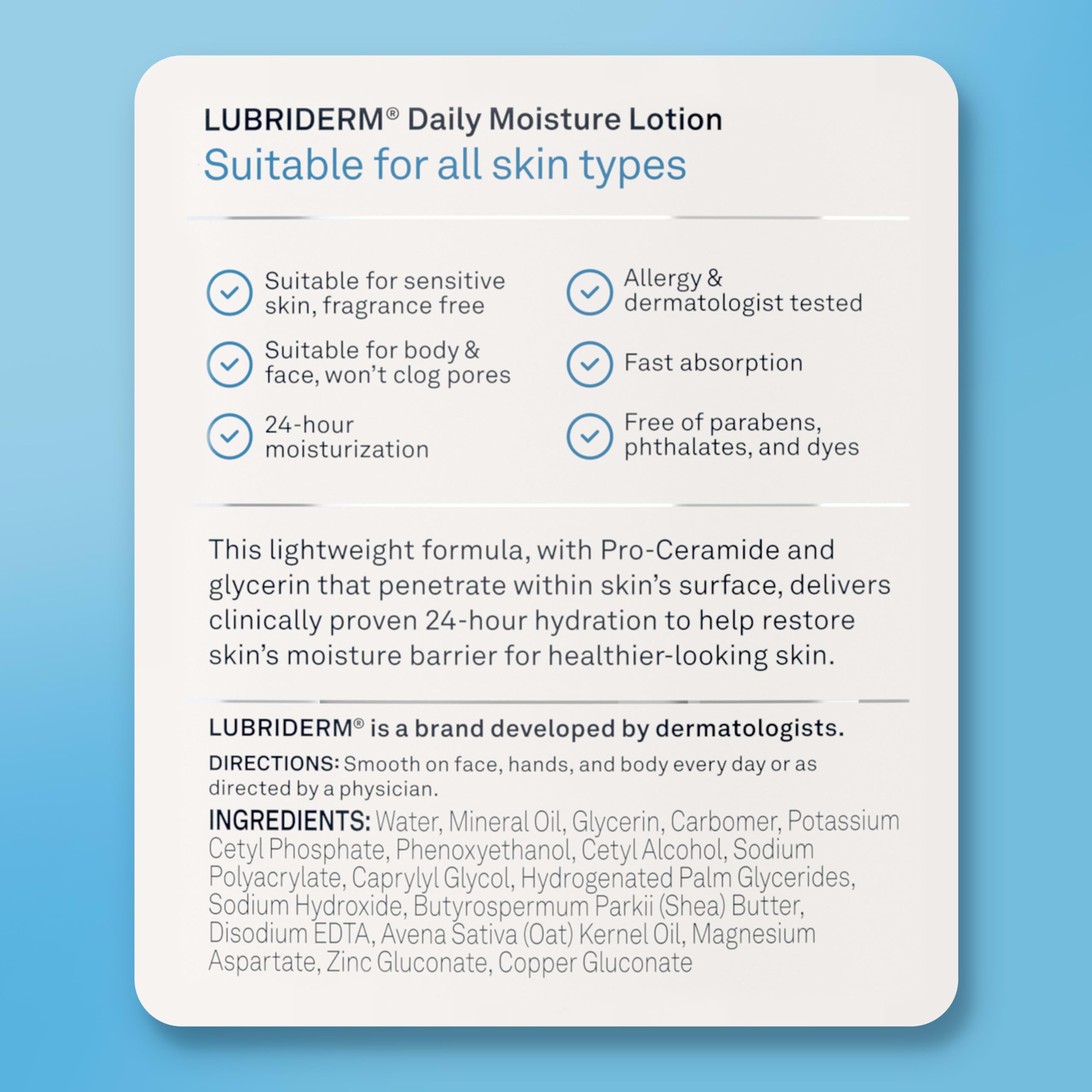 Lubriderm Daily Moisture Body Lotion, Fragrance Free, 24 fl. oz | Hydrating Face, Hand & Body Lotion + Pro-Ceramide for Sensitive Skin, 24-Hour Moisturizer with Shea Butter, Non-Greasy
