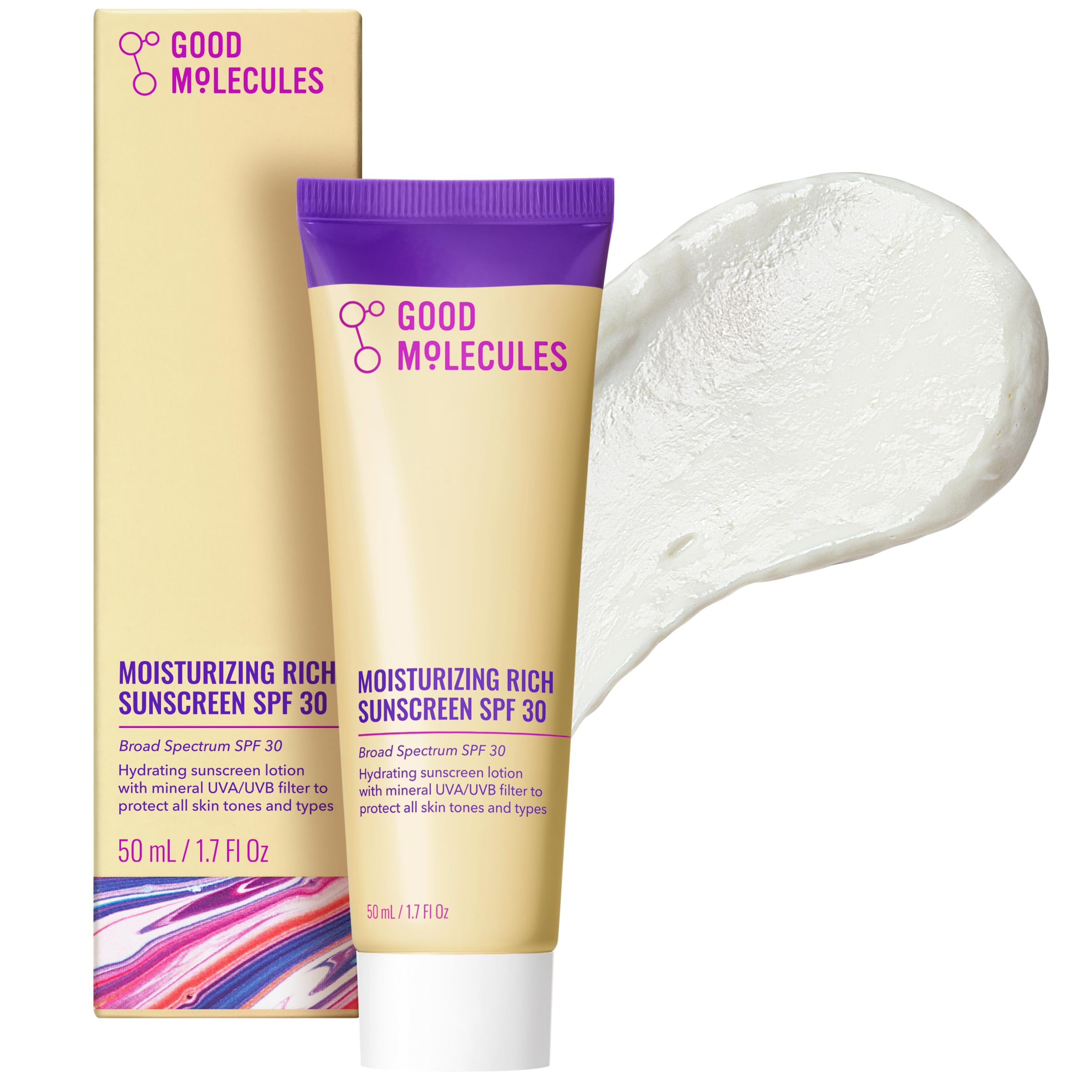 Good Molecules Moisturizing Rich Face Sunscreen Broad Spectrum SPF 30, 1 oz | Hydrating mineral sunscreen lotion with zinc oxide. Broad spectrum UVA/UVB protection for all skin tones and types.