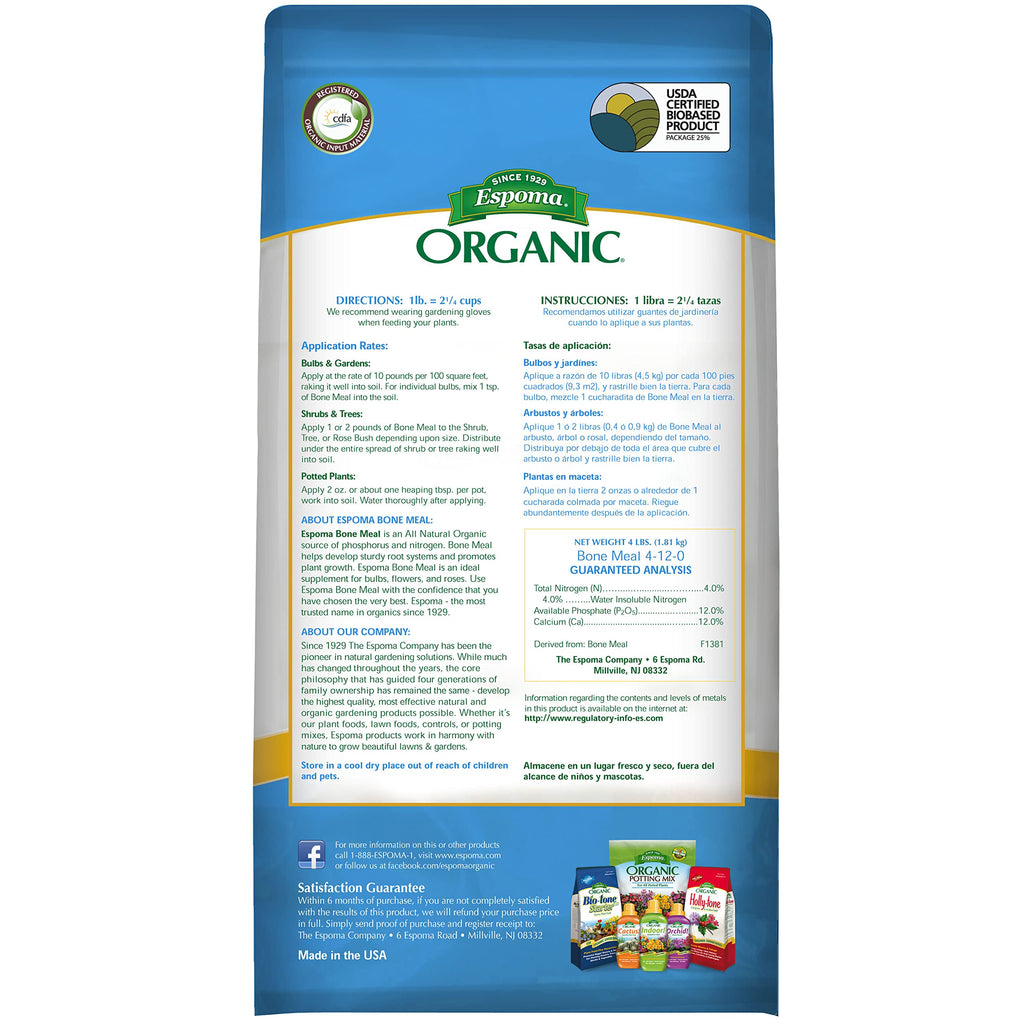 Espoma Organic Bone Meal Fertilizer 4-12-0. All-Natural Plant Food Source of Nitrogen and Phosphorus for Organic Gardening. for Bulbs & Other Flowering Plants. 4 lb. Bag; Pack of 2