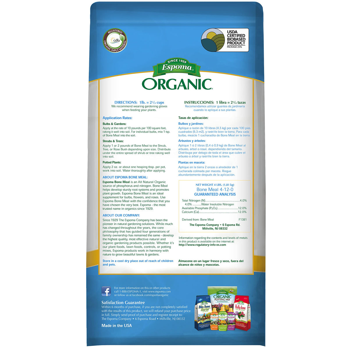 Espoma Organic Bone Meal Fertilizer 4-12-0. All-Natural Plant Food Source of Nitrogen and Phosphorus for Organic Gardening. for Bulbs & Other Flowering Plants. 4 lb. Bag; Pack of 2
