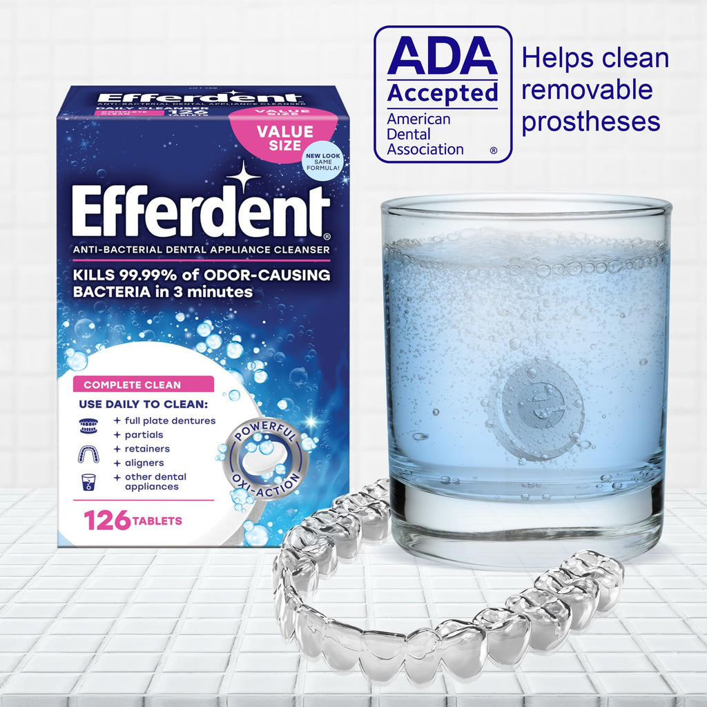 Buy now Efferdent Denture Cleaner Tablets â€“ Dental Appliances, Aligners, Mouth Guard, and Retainer Cleaner Tablets, Complete Clean, 126 Count at indiglob india