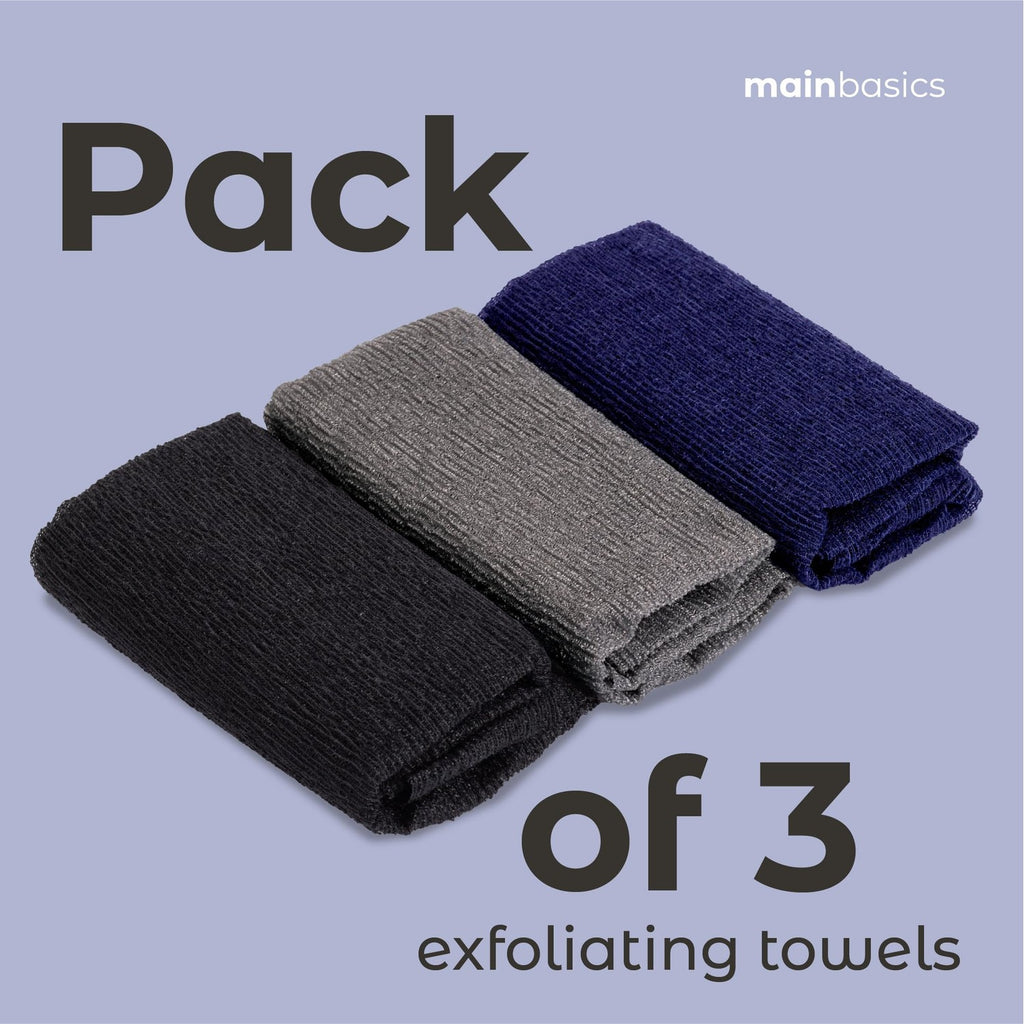 MainBasics Japanese Deep Exfoliating Shower Towel, 3 Pack, Black Ice | Japanese Nylon, Body Washcloth, Textured for Effective Exfoliation, Quick-Dry, Durable, Helps Reveal Smoother Skin
