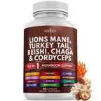 NEW AGE Lions Mane Mushroom Supplement with Turkey Tail Reishi Cordyceps Chaga with Marshmallow Root - 120 Count