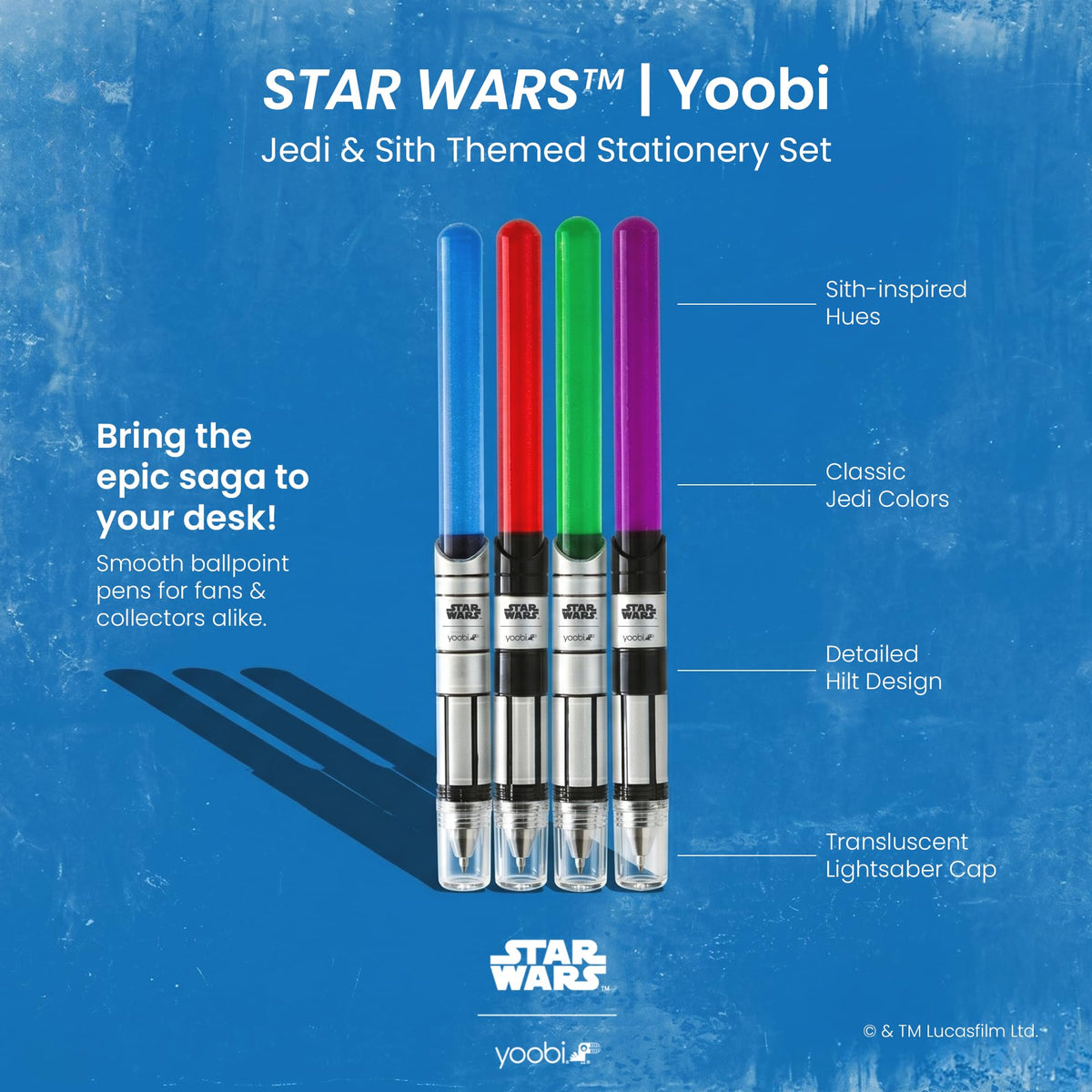 Yoobi x Star Wars Lightsaber Ballpoint Pens, Black Ink, Pack of 4, Teen & Adults