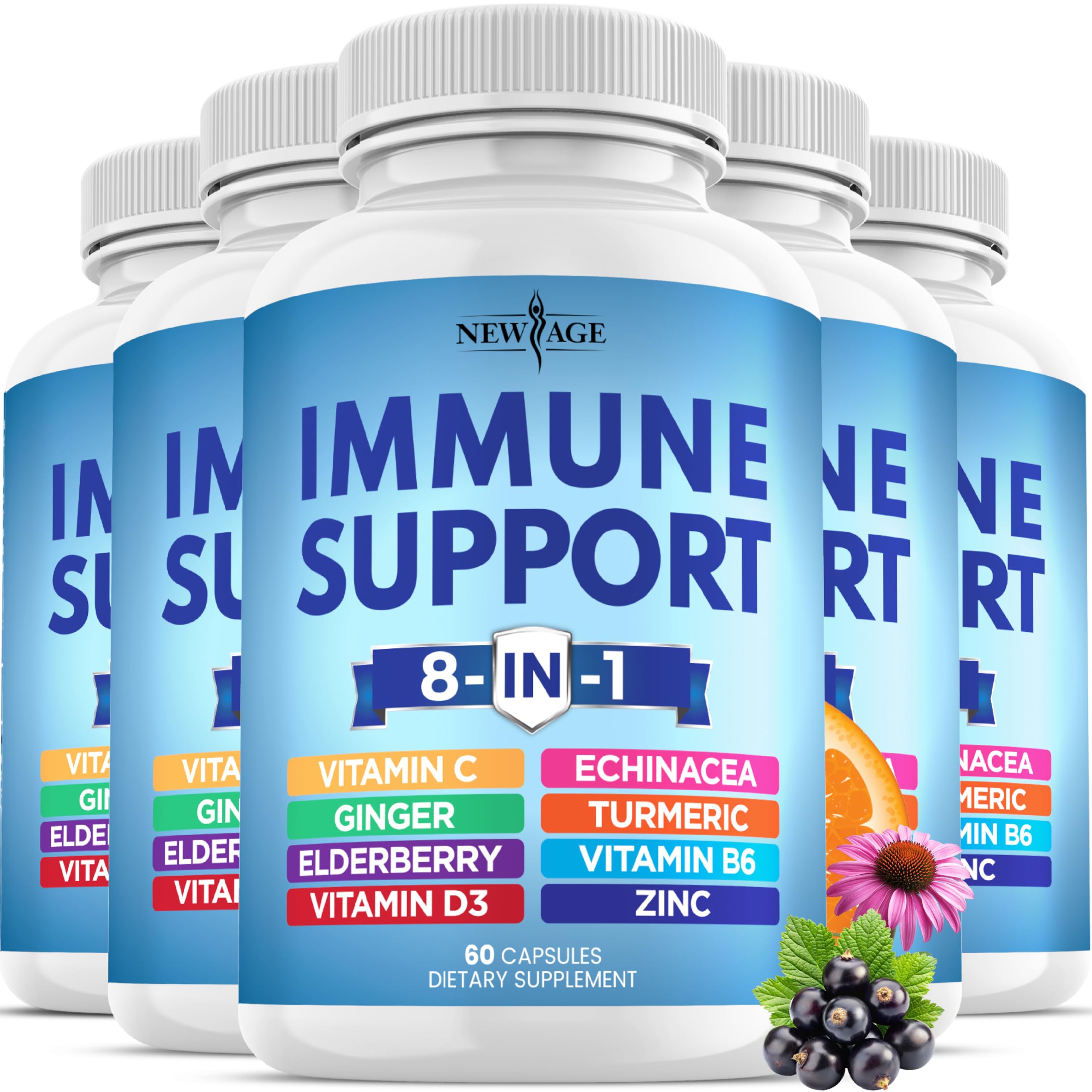 8 in 1 Immune Support Booster Supplement with Echinacea, Vitamin C and Zinc 50mg, Vitamin D 5000 IU, Turmeric Curcumin & Ginger, B6, Elderberry (8 in 1 Capsules (Pack of 3))