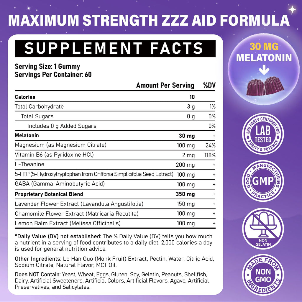 Melatonin 30mg Gummies for Adults - Sugar Free Melatonin Gummies | Maximum Strength with Magnesium, B6, GABA & Botanical Blend - Non-Habit Forming, Vegan, Non GMO, Natural Mixed Berry Flavor