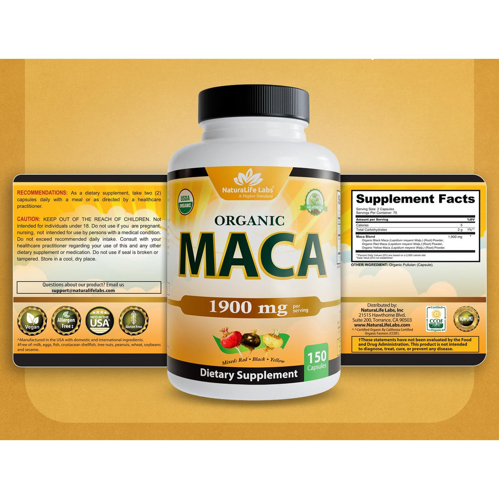 NaturaLife Labs Organic Maca Root – Black, Red & Yellow – 1900 mg per Serving – 150 Capsules – Gelatinized Peruvian Maca – Non-GMO, Gluten-Free, Vegan (2 Pack)