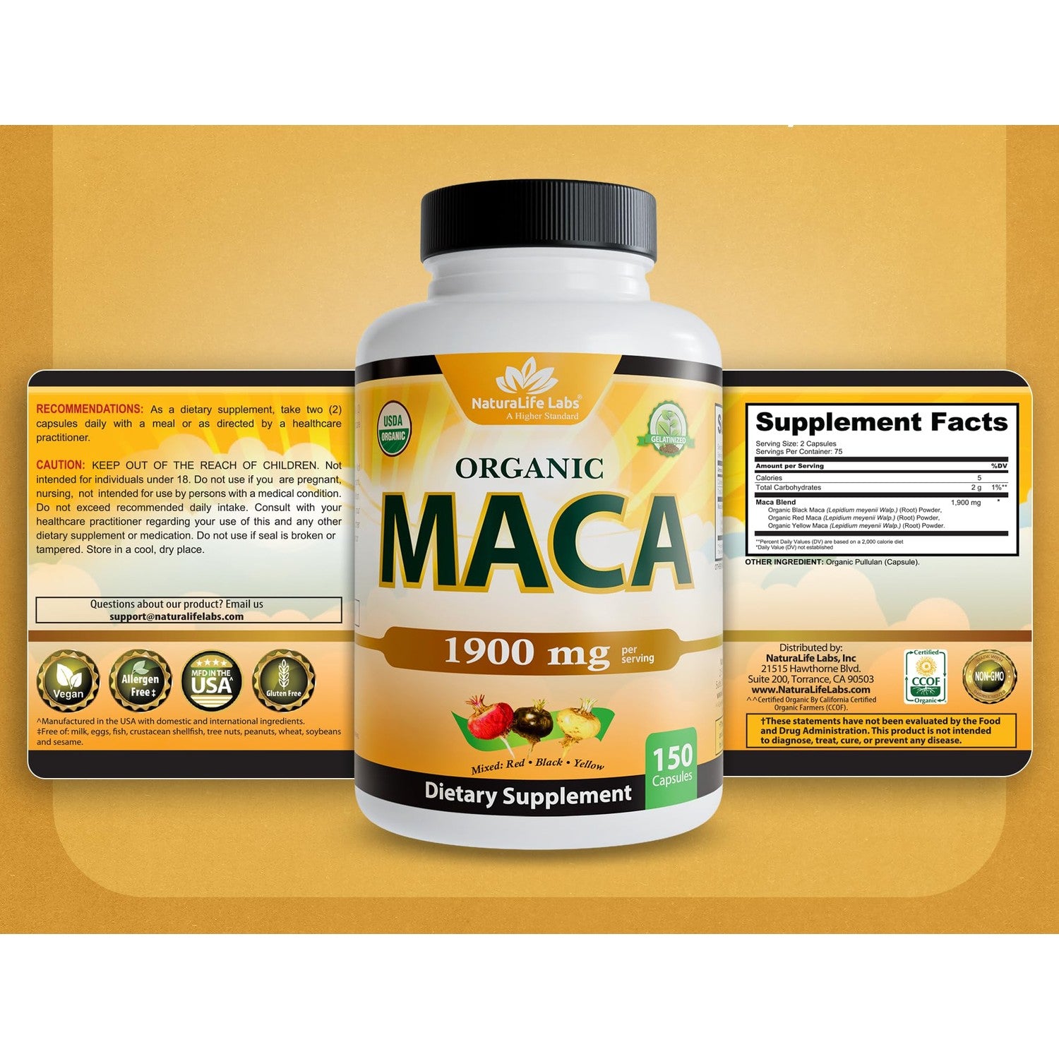 NaturaLife Labs Organic Maca Root – Black, Red & Yellow – 1900 mg per Serving – 150 Capsules – Gelatinized Peruvian Maca – Non-GMO, Gluten-Free, Vegan (2 Pack)