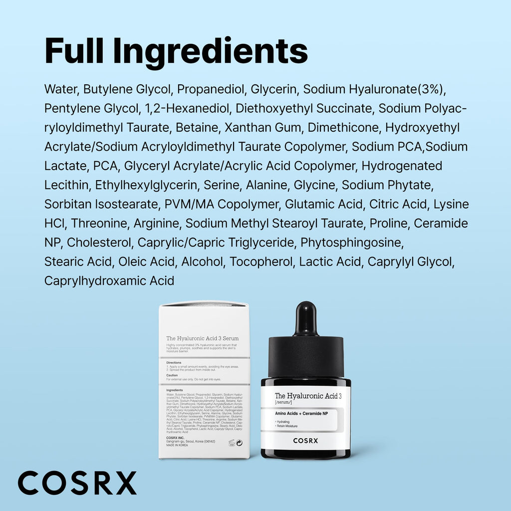 Buy now COSRX Pure Sodium Hyaluronic Acid 3% Serum, Hydratying & Moisture Boosting for Fine Lines & Wrinkles, Repair Dry Skin, 0.67fl.oz/20ml, No Artificial Fragrance, Korean Skin Care at indiglob india