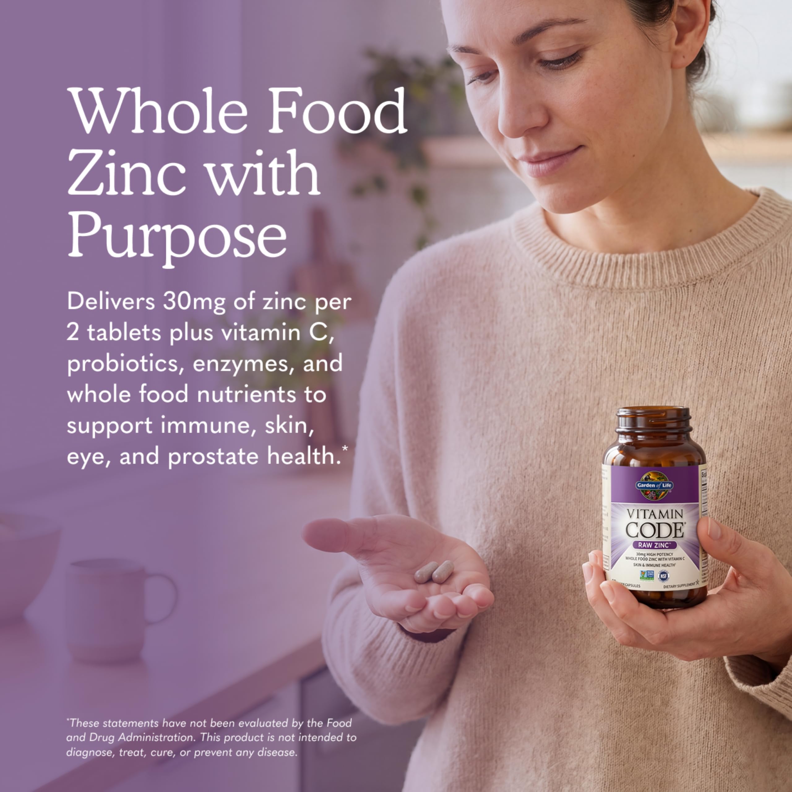 Garden of Life Zinc Supplements 30mg High Potency Raw Zinc and Vitamin C Multimineral Supplement, Vitamin Code Vitamins Trace Minerals & Probiotics for Skin Health & Immune Support, 60 Vegan Capsules
