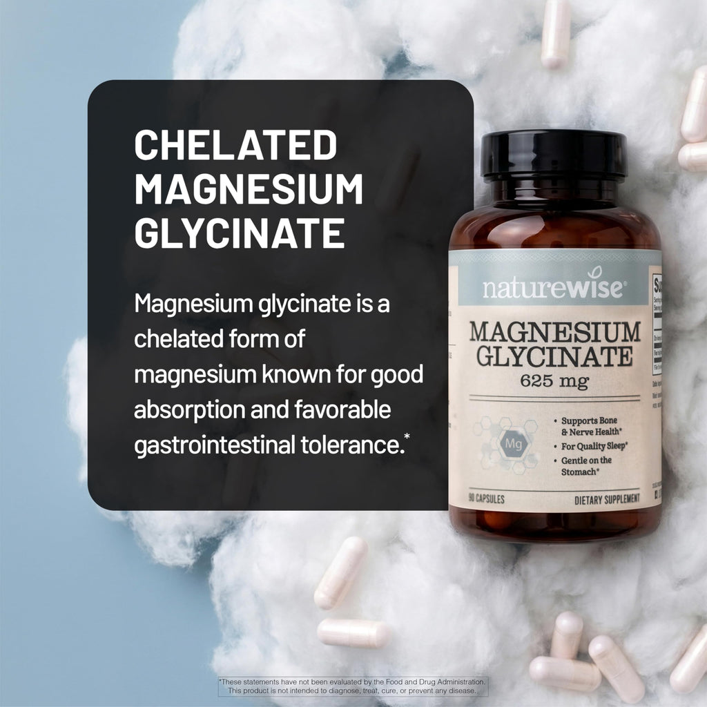 NatureWise Magnesium Glycinate 625 mg - High Absorption Chelated Magnesium Glycinate for Sleep, Relaxation, Muscle & Bones* - Gentle on Stomach, Vegan, Non-GMO - 30 Capsules[30-Day Supply]