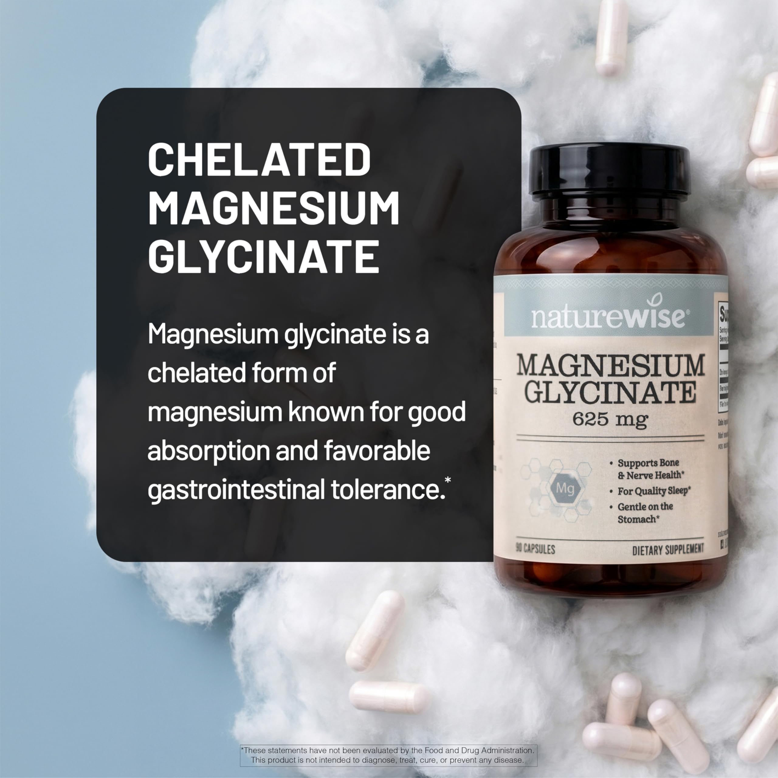 NatureWise Magnesium Glycinate 625 mg - High Absorption Chelated Magnesium Glycinate for Sleep, Relaxation, Muscle & Bones* - Gentle on Stomach, Vegan, Non-GMO - 30 Capsules[30-Day Supply]