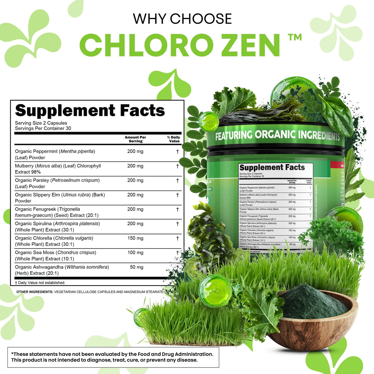 Clean Nutra Chlorophyll Capsules + Peppermint Slippery Elm Spirulina Chlorella Fenugreek Ashwagandha Sea Moss Supplement – Ph Balance for Women Detox Internal Deodorant Supplement + Prebiotics 60 Ct