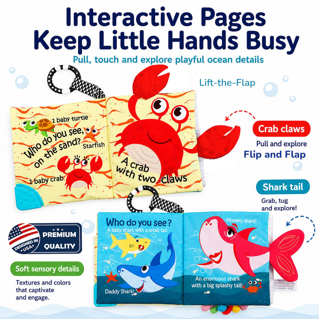 Fish Baby Books Toys, Touch Feel Cloth Crinkle Books for Babies,Baby Infant Toys 0-6, 6-12,12-18 Months,Newborn,Early Learning Education, Baby Gifts Shower for Boys Girls,Teething, Mirror,Shark Ocean