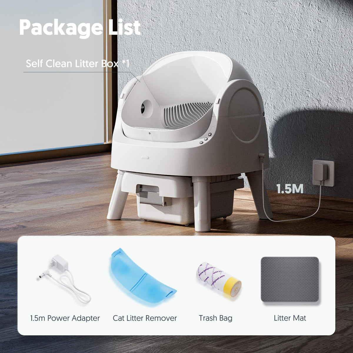 PetPivot Self Cleaning Litter Box, Open Top Automatic Litter Box for Multiple Cats, Multiple Layer Safety Protection, Liners and Mat Included, White