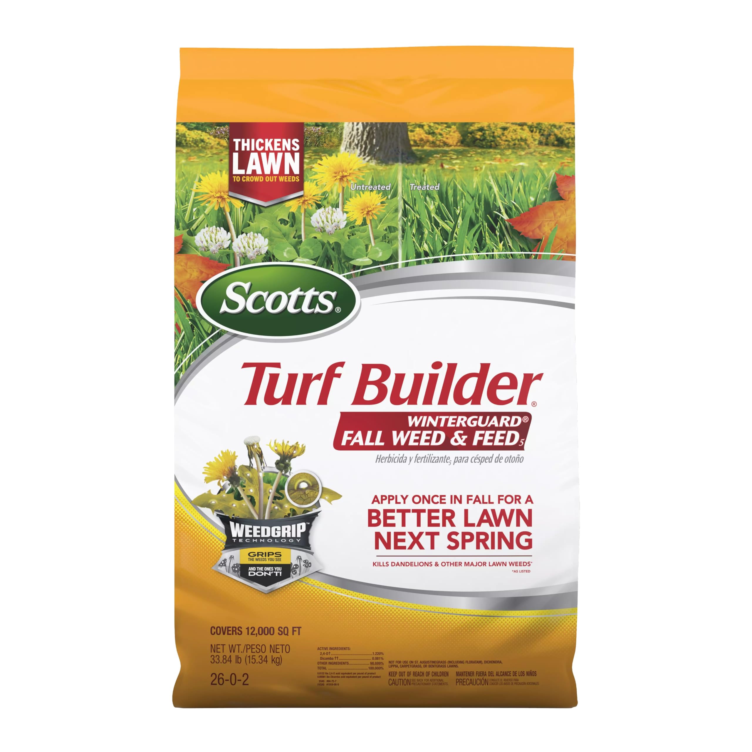 Buy now Scotts Turf Builder WinterGuard Fall Weed & Feed5, Weed Killer Plus Fall Fertilizer, 12,000 sq. ft., 33.84 lbs. at indiglob india