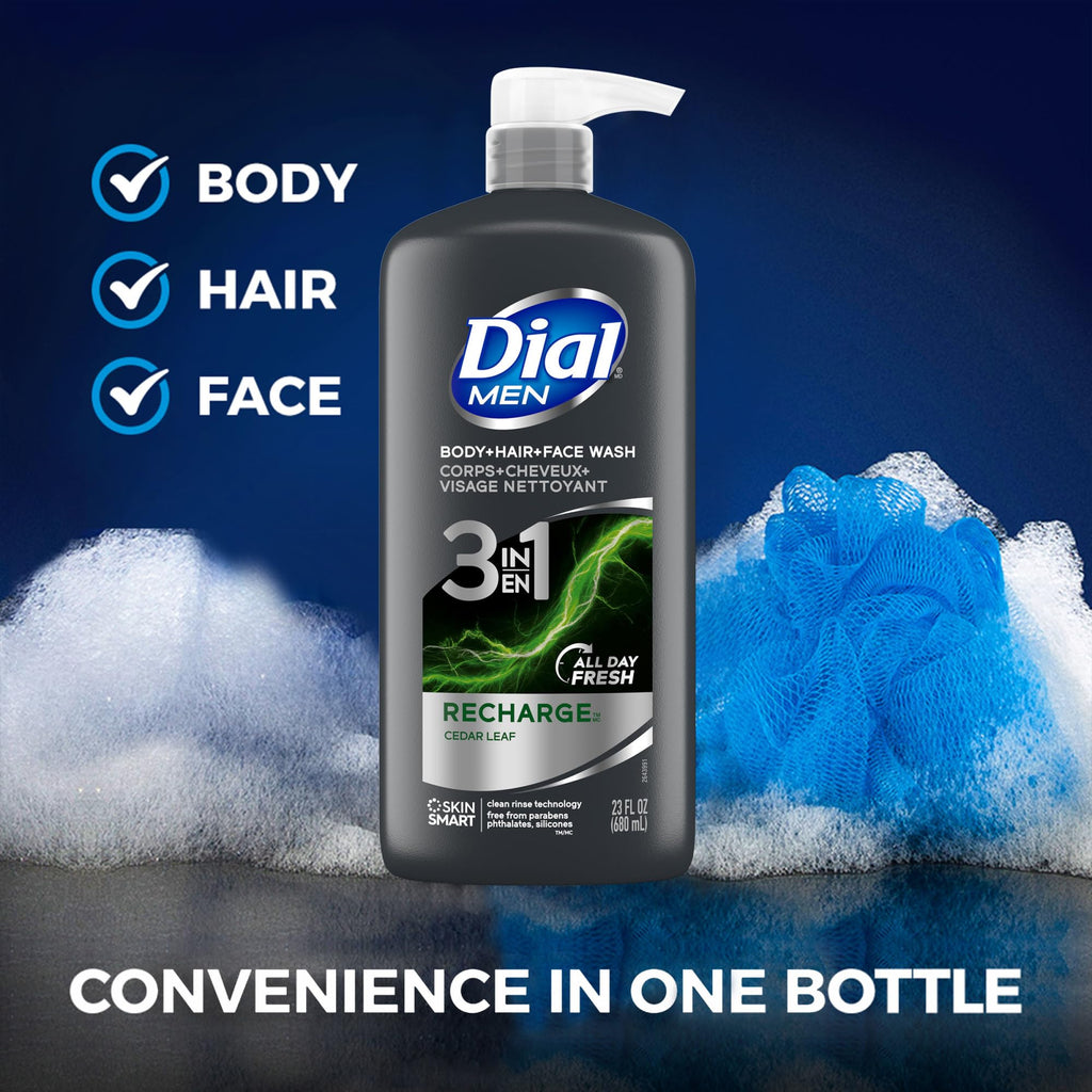 Dial Men 3-in-1 Body, Hair and Face Wash, Recharge, 23 Fl Oz, 3-Pack | Total 69 Fl Oz, clean rinse technology, moisturizing formula, includes 3 bottles, rich lather, suitable for daily use