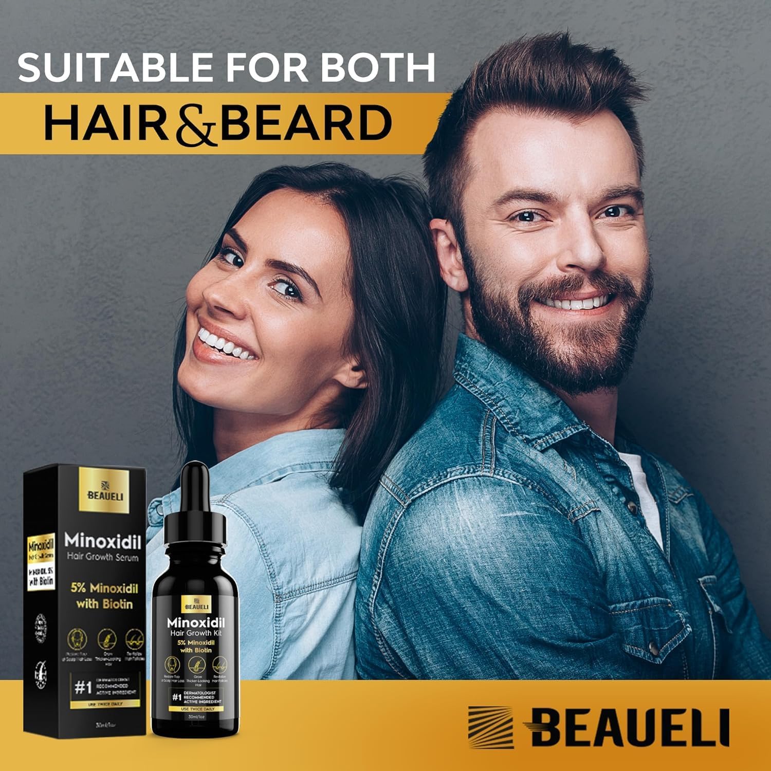Beaueli Minoxidil Beard Growth Kit For Men and Women, Hair Loss and Hair Regrowth Treatments, Minoxidil 5%, Black