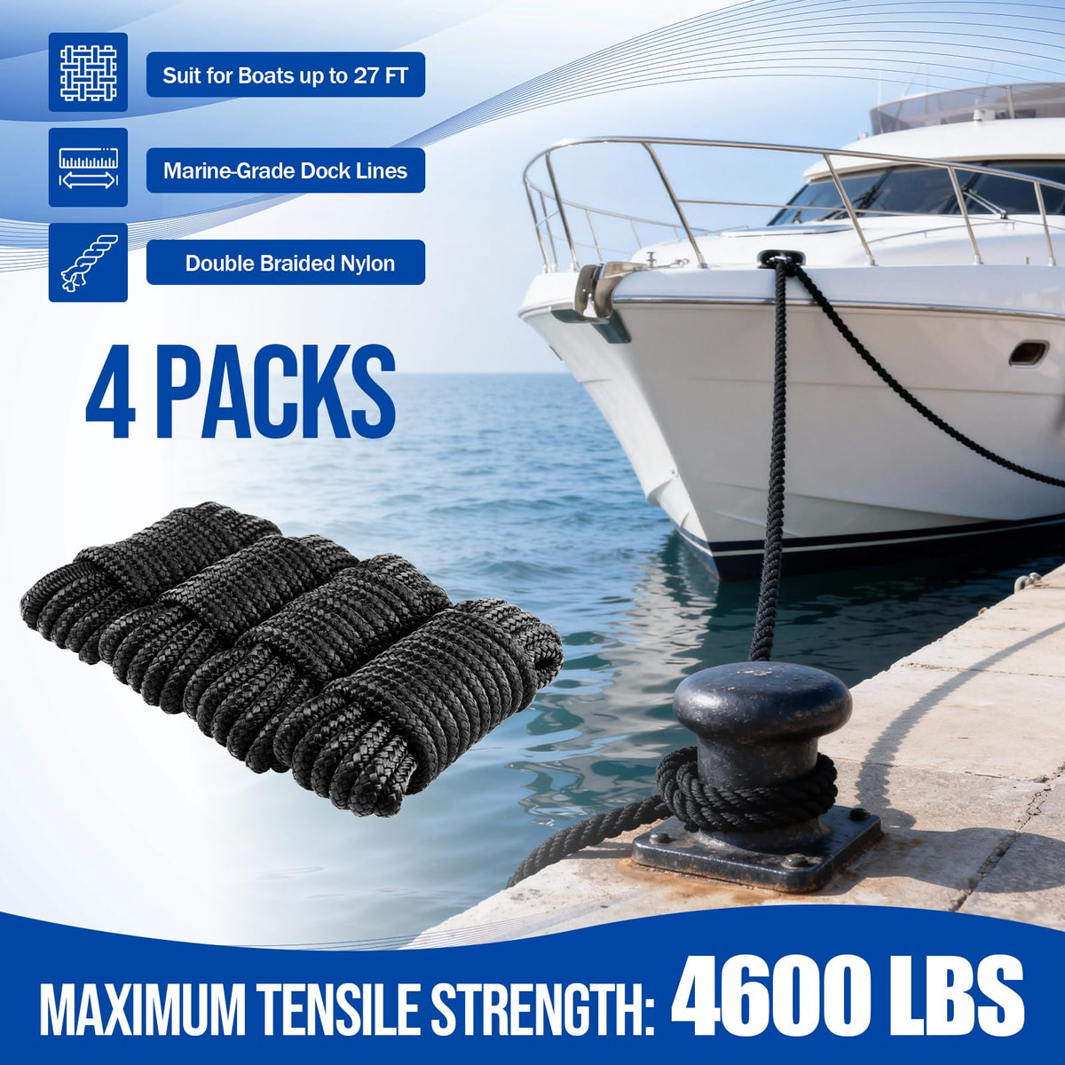 4 PCS 3/8 in × 15 FT Boat Dock Lines, Boat Rope for Docking with 12 in Loop