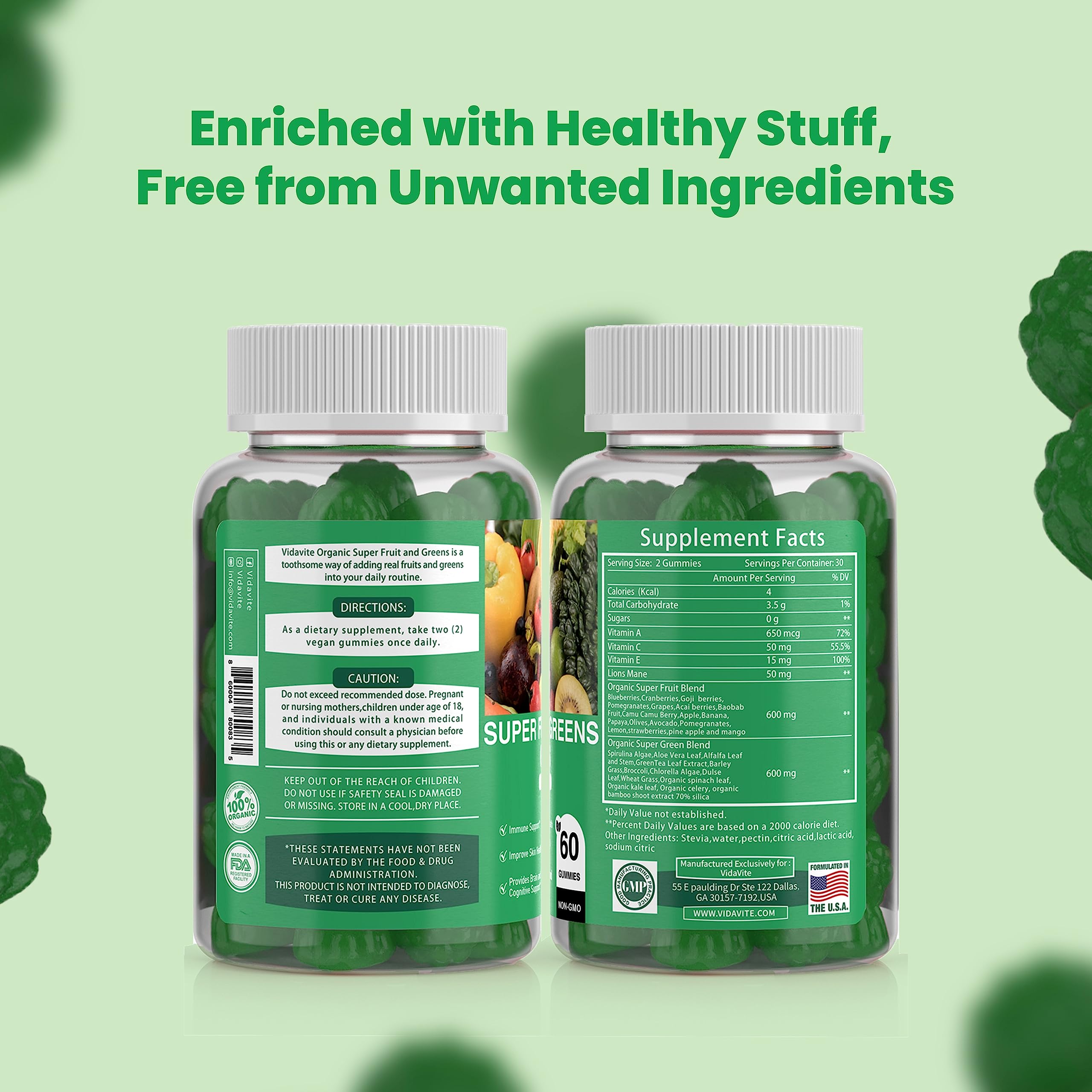 Sugar-Free Super Greens Gummies — Fruits and Veggies Supplement (30-Days) | US-Made, 35+ Greens, Veggie & Fruit Gummies to Boost Immunity, Skin & Gut Health - Ideal for Adults & Picky Teens(60 Gummies)
