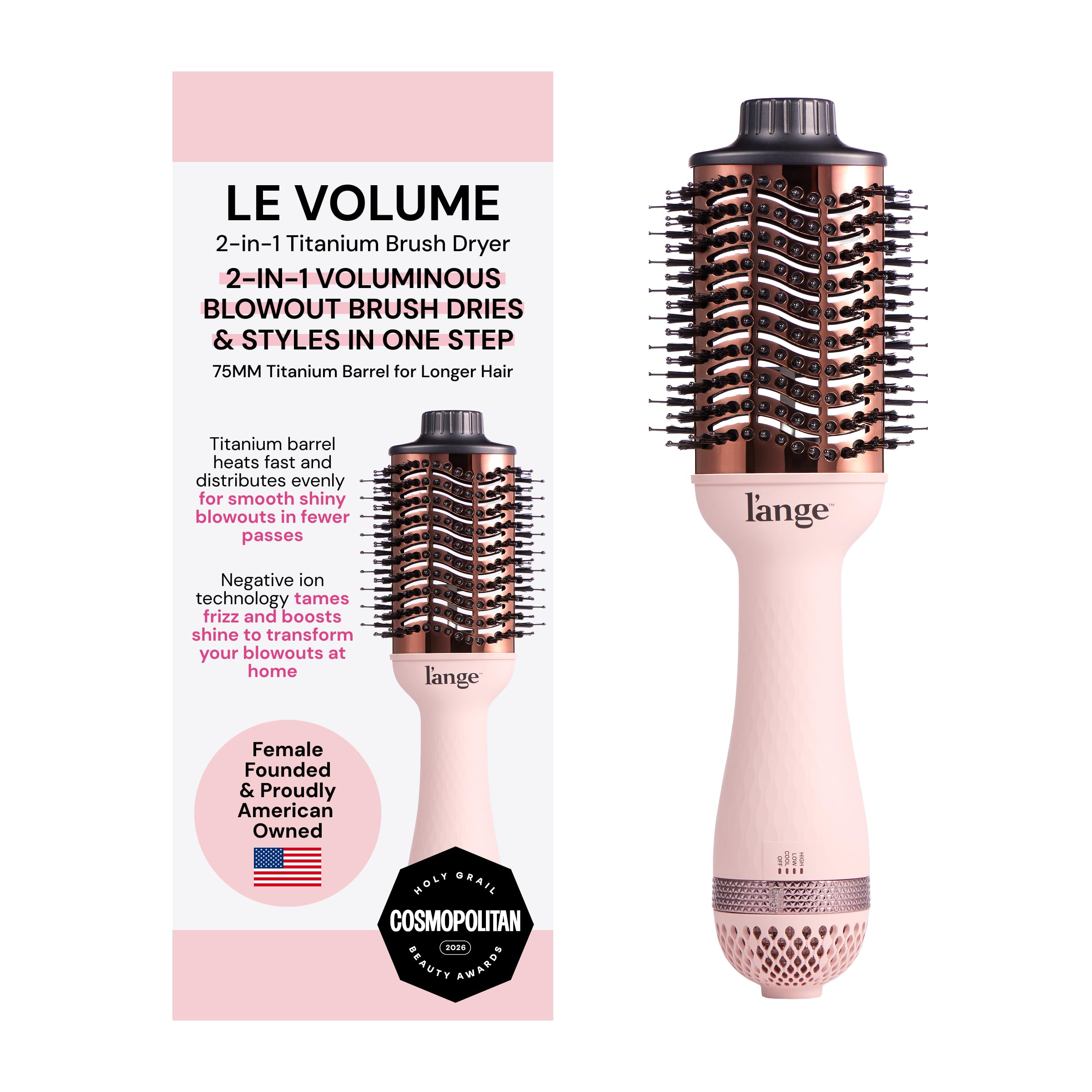 L'ANGE HAIR Le Volume 2-in-1 Titanium Blow Dryer Brush | Frizz Control Blowout Hair Dryer Brush for Drying and Styling | Volumizing Hot Air Styler for All Hairstyles | Oval Barrel | Blush - 75mm