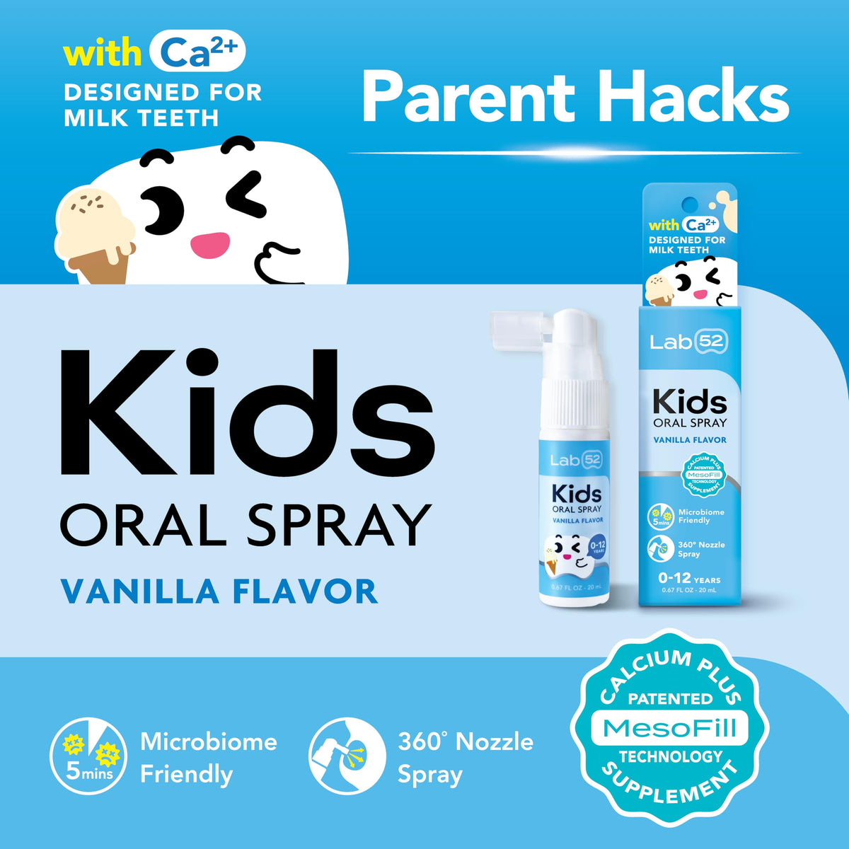 LAB52 Kids Oral Spray, Toothpaste Helper Fluoride Free, Xylitol Vanilla