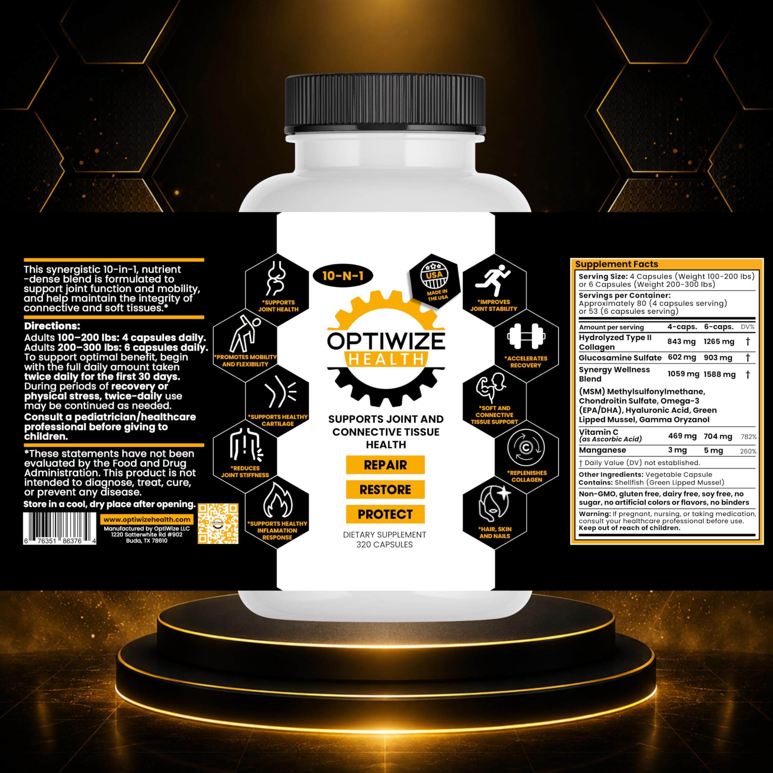 OptiWize 10-in-1 Joint Support Supplement, 320 Capsules | Glucosamine, Chondroitin, MSM, Type II Collagen, Hyaluronic Acid, Green Lipped Mussel & Omega-3, Mobility & Flexibility