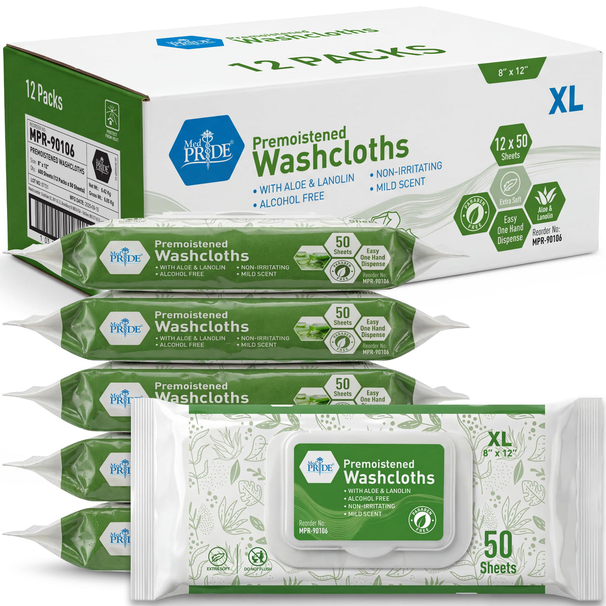 MED PRIDE Premoistened Washcloths 8x12 in with Aloe & Lanolin,600 Count