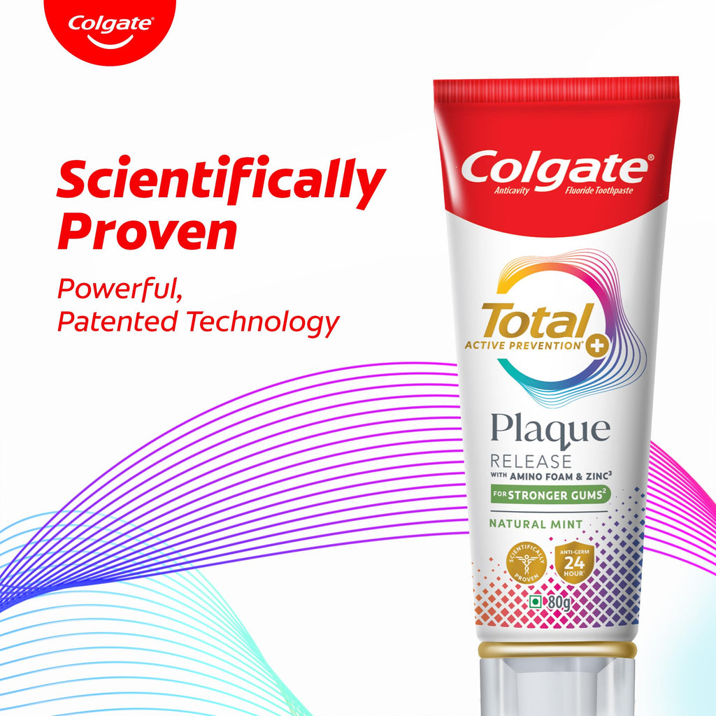 Colgate Total Plaque Release Toothpaste | Tooth Paste with Amino Foam & Zinc | Colgate Paste Toothpaste for Stronger Gums | 3X More Effective at Fighting Plaque - Natural Mint (80gm)(2.8 Ounce)
