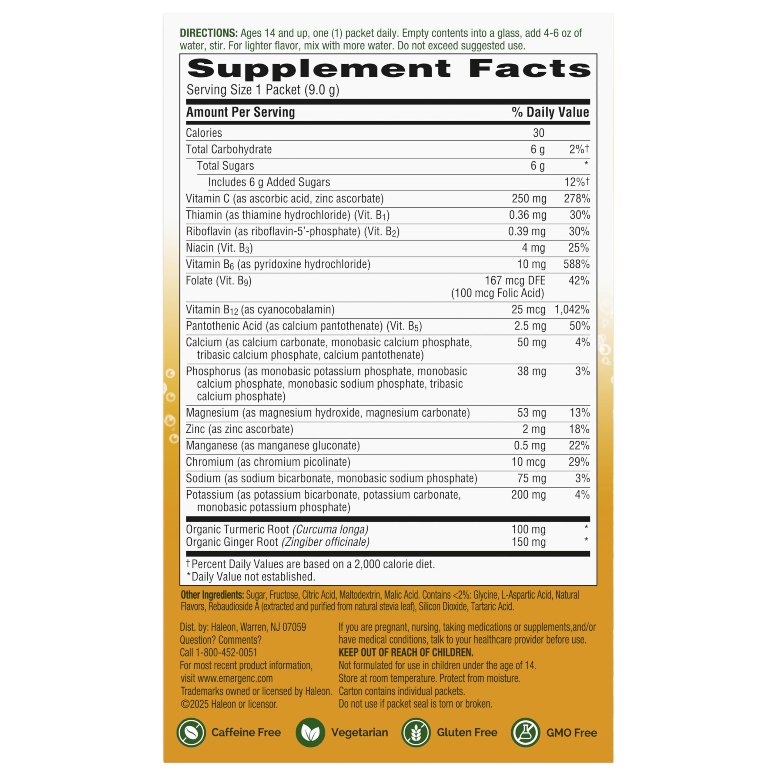 Emergen-C Vitamin C Immune Support Powder, Citrus Ginger, 18 ct | With Turmeric and Ginger, B Vitamins for Energy, Zinc and Manganese, Gluten Free, Caffeine Free