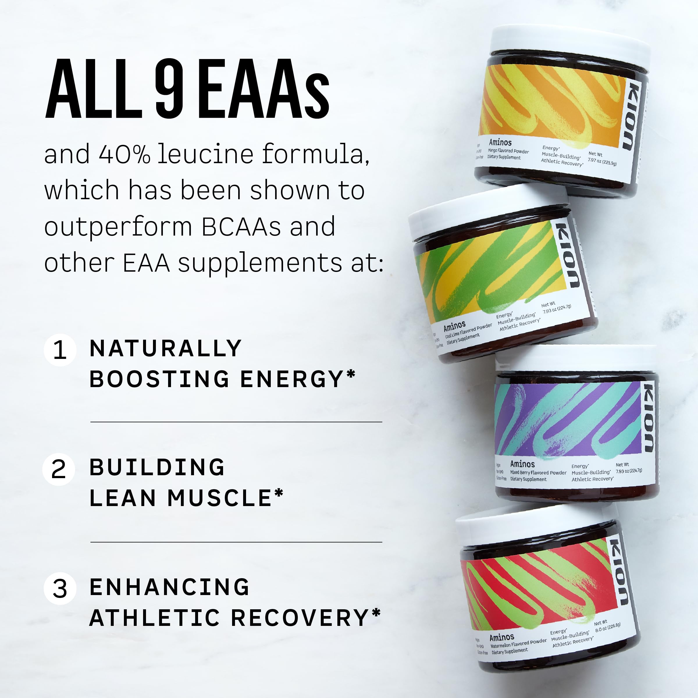 Kion Aminos Essential Amino Acids Powder, EAA & BCAA, Lean Muscle, Energy | All 9 aminos, caffeine-free, sugar-free, to curb cravings and support muscle with age, dieting, or GLP-1 use